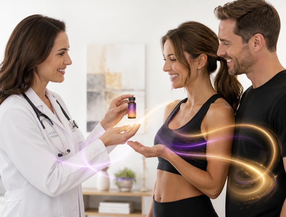Nuvara physician handing a prescription peptide vial to a couple